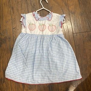 Back to school dress, blue check with embossed apples
